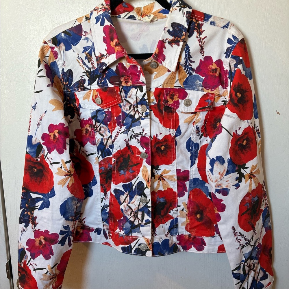 Tribal White Floral Jean Jacket with Red & Blue Blooms